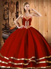 Best Sleeveless Organza Floor Length Lace Up Sweet 16 Dresses in Wine Red with Embroidery and Bowknot