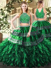 Sleeveless Floor Length Beading and Ruffles Zipper Quinceanera Dresses with Dark Green