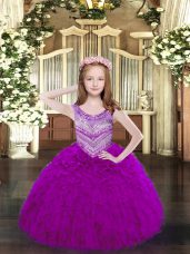 Fashion Fuchsia Scoop Lace Up Beading and Ruffles Party Dresses Sleeveless