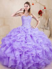 Artistic Floor Length Lavender Sweet 16 Dress Organza Sleeveless Beading and Ruffles
