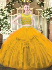Vintage Gold Tulle Zipper 15th Birthday Dress Sleeveless Floor Length Beading and Ruffles