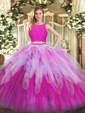 Amazing Fuchsia Ball Gowns Lace and Ruffles 15th Birthday Dress Zipper Organza Sleeveless Floor Length