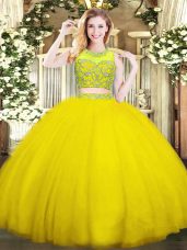 Tulle Scoop Sleeveless Zipper Beading Quince Ball Gowns in Yellow Green