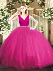 Beauteous Floor Length Fuchsia Vestidos de Quinceanera Tulle Sleeveless Beading