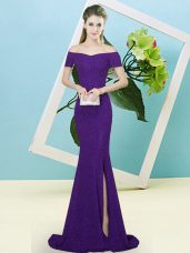 Dynamic Off The Shoulder Short Sleeves Sweep Train Zipper Dress for Prom Purple Sequined