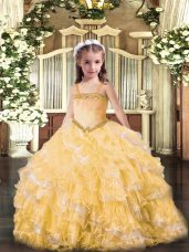 Exquisite Straps Sleeveless Organza Little Girls Pageant Gowns Appliques and Ruffled Layers Lace Up