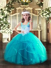Straps Sleeveless Child Pageant Dress Floor Length Beading and Ruffles Aqua Blue Tulle