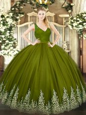 Custom Made Olive Green Sleeveless Floor Length Beading and Lace and Appliques Backless Quinceanera Dresses