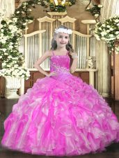 Rose Pink Ball Gowns Beading and Ruffles and Sequins Casual Dresses Lace Up Organza Sleeveless Floor Length