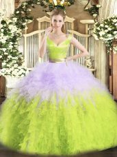 Multi-color Organza Zipper V-neck Sleeveless Floor Length Sweet 16 Dress Ruffles