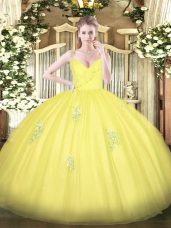 Modest Yellow Ball Gowns Appliques Quinceanera Dresses Zipper Tulle Sleeveless Floor Length