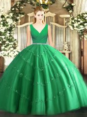 Eye-catching Green Zipper Quinceanera Gown Beading Sleeveless Floor Length