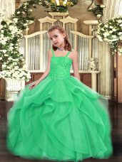 Turquoise Ball Gowns Organza Straps Sleeveless Beading and Ruffles Floor Length Lace Up Little Girl Pageant Dress