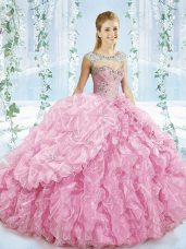 Lovely Beading and Ruffles Sweet 16 Dress Baby Pink Lace Up Sleeveless Brush Train