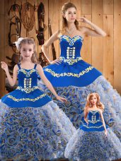 Unique Sleeveless Fabric With Rolling Flowers Sweep Train Lace Up Ball Gown Prom Dress in Multi-color with Embroidery