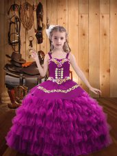 Fuchsia Straps Neckline Embroidery and Ruffled Layers Party Dress Sleeveless Lace Up