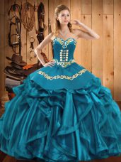 Modern Sleeveless Organza Floor Length Lace Up 15th Birthday Dress in Teal with Embroidery and Ruffles