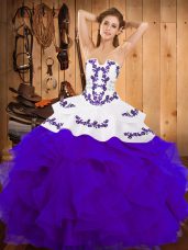 Strapless Sleeveless Sweet 16 Quinceanera Dress Floor Length Embroidery and Ruffles White And Purple Satin and Organza