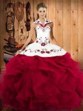 Captivating Red Ball Gowns Embroidery and Ruffles Quinceanera Dresses Lace Up Tulle Sleeveless Floor Length