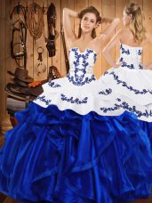 Floor Length Royal Blue Vestidos de Quinceanera Satin and Organza Sleeveless Embroidery and Ruffles