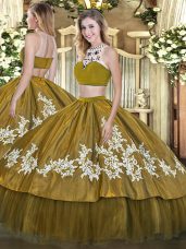 Beauteous Olive Green Sweet 16 Dresses Military Ball and Sweet 16 and Quinceanera with Beading and Appliques High-neck Sleeveless Backless
