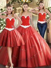 Sophisticated Coral Red Tulle Lace Up Ball Gown Prom Dress Sleeveless Floor Length Beading