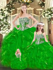Glittering Floor Length Lace Up Vestidos de Quinceanera Green for Military Ball and Sweet 16 and Quinceanera with Beading and Ruffles