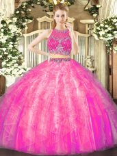 Fuchsia Two Pieces Tulle Scoop Sleeveless Beading and Ruffles Floor Length Zipper Sweet 16 Dress