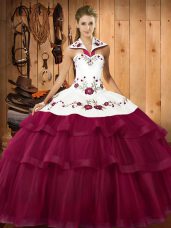 Romantic Lace Up 15th Birthday Dress Fuchsia for Military Ball and Sweet 16 and Quinceanera with Embroidery and Ruffled Layers Sweep Train