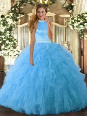 Custom Made Sleeveless Organza Floor Length Backless Vestidos de Quinceanera in Baby Blue with Beading and Ruffles