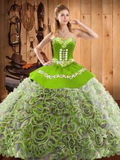 Excellent Sleeveless With Train Embroidery Lace Up 15 Quinceanera Dress with Multi-color Sweep Train