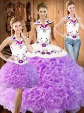 Superior Lilac Lace Up Halter Top Embroidery 15 Quinceanera Dress Fabric With Rolling Flowers Sleeveless