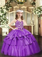 Excellent Sleeveless Organza Floor Length Lace Up Little Girls Pageant Dress Wholesale in Lilac with Beading and Ruffled Layers