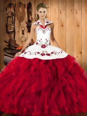 Satin and Organza Sleeveless Floor Length Sweet 16 Dresses and Embroidery and Ruffles