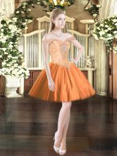 Mini Length Orange Red Homecoming Dress Tulle Sleeveless Beading