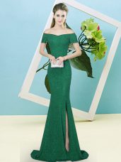 Fine Dark Green Sequined Zipper Off The Shoulder Short Sleeves Evening Dress Sweep Train Sequins