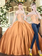 Charming Two Pieces Sweet 16 Quinceanera Dress Brown Off The Shoulder Tulle Sleeveless Floor Length Lace Up