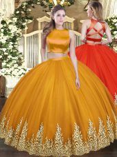 Luxury Floor Length Orange Sweet 16 Dress Tulle Sleeveless Appliques