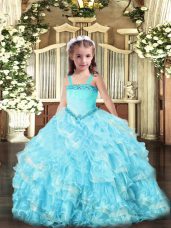 Organza Straps Sleeveless Lace Up Appliques and Ruffled Layers Evening Gowns in Light Blue