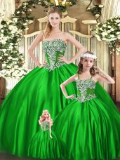 Sleeveless Organza Floor Length Lace Up Ball Gown Prom Dress in Green with Beading