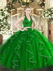 Sweet Halter Top Sleeveless Sweet 16 Quinceanera Dress Floor Length Ruffles Green Organza