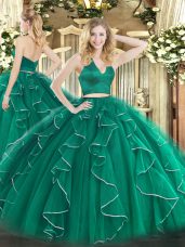 Dark Green Two Pieces Halter Top Sleeveless Organza Floor Length Zipper Ruffles Sweet 16 Quinceanera Dress