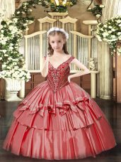 Excellent Coral Red Organza Lace Up V-neck Sleeveless Floor Length Little Girls Pageant Gowns Beading and Ruffled Layers