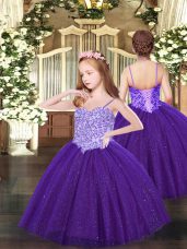 Hot Sale Purple Womens Party Dresses Party and Quinceanera with Appliques Spaghetti Straps Sleeveless Lace Up