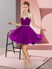 Decent Dark Purple Chiffon Zipper Homecoming Dress Sleeveless Mini Length Beading