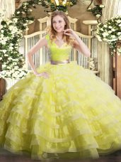 Comfortable V-neck Sleeveless Quinceanera Dresses Floor Length Ruffled Layers Yellow Green Organza