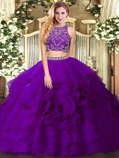 Glamorous Sleeveless Floor Length Beading and Ruffled Layers Zipper Sweet 16 Dress with Eggplant Purple