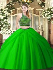 Glamorous Green Sleeveless Floor Length Beading and Ruching Zipper Sweet 16 Quinceanera Dress