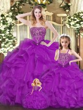 Purple Sweetheart Lace Up Beading and Ruffles 15 Quinceanera Dress Sleeveless