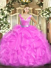 V-neck Sleeveless Zipper Quinceanera Dresses Fuchsia Tulle